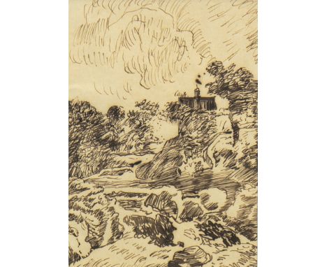 GEORGE LESLIE HUNTER (SCOTTISH 1879 - 1931), A ROCKY OUTCROP pen and ink on paper 16cm x 11.5cm Mounted, framed and under gla