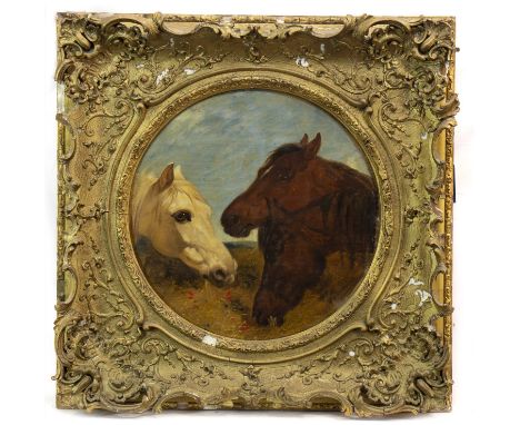ATTRIBUTED TO JOHN FREDERICK HERRING (BRITISH 1795 - 1855), PORTRAIT OF THREE HORSES oil on canvas 35cm x 35cm Framed