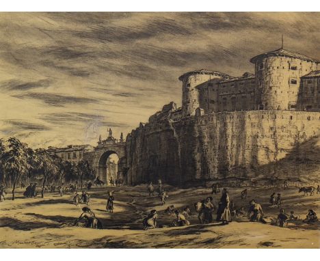 * SIR DAVID MUIRHEAD BONE (SCOTTISH 1876 - 1953), THE PEURTO DEL CASTILLO, THE PRISON AND THE ROMAN WALLS, LYON pencil and ch