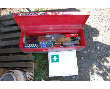 A tool box and contents plus a metal First Aid box.