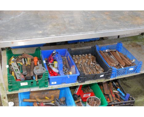 Four boxes of tools, spanners, socket wrenches, screwdrivers, hammers, etc.