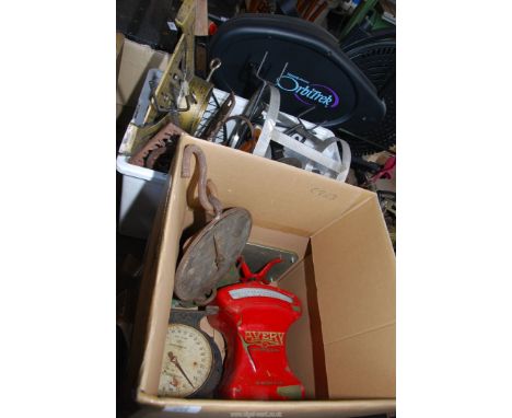 Two boxes including spring balance scales, Avery scales, miscellaneous metal items, etc.