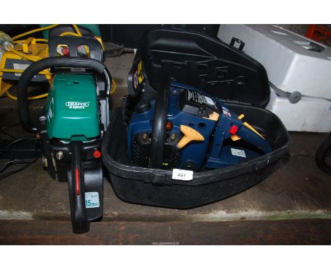 Two petrol chainsaws, [no cutter bars], the green saw's recoil cord is broken, the engine cover is loose, the spark plug is m