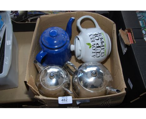 Four teapots including blue enamel, etc.