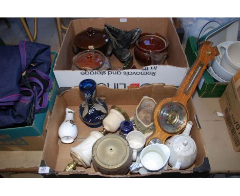 Two boxes of stoneware jars, glass vase, china jugs, barometer, etc.