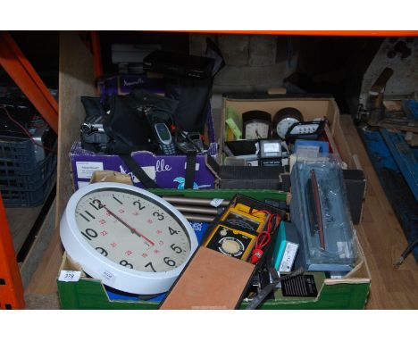 Three boxes of miscellaneous, Nokia mobile phones, Panasonic camcorder, clocks, voltage tester etc.
