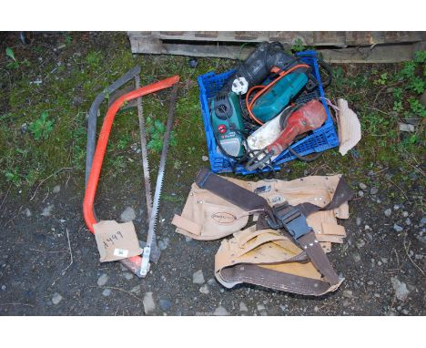 Two bow saws, a tool belt and a tray of power tools (sander, drill, etc)