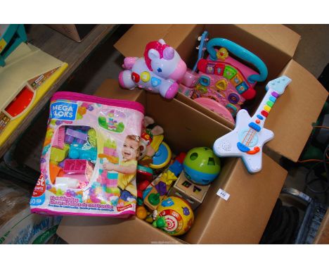 Two boxes of Children's toys, V- tech, walker, mega blocks etc.