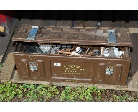 An Ammunition box and contents, nuts, bolts, copper pipe, etc.