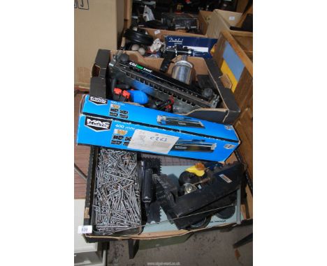 Two boxes of miscellaneous, screws, MacAllister  tile cutter, blow torch, casters   etc,