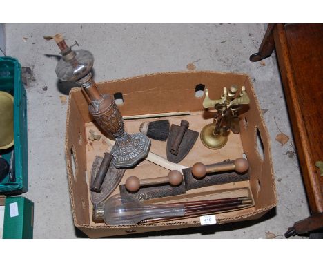 A box of fire irons, fire dogs, a copper oil lamp, etc.