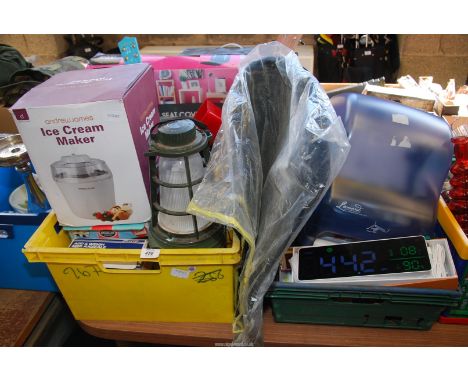 Three boxes of miscellaneous, ice cream makers, car mats, toys, decibel recorder, outdoor lanterns.