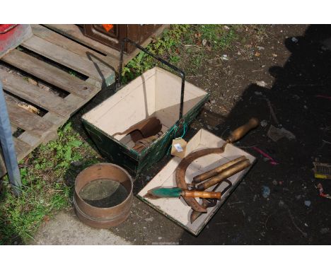 A Garden trug, vintage garden tools, etc.