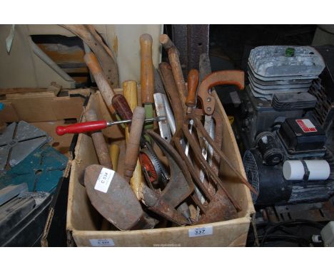 A box of Post War garden and hand tools including Fret & Hack saws, hand drill, loppers, shoe last, etc., 