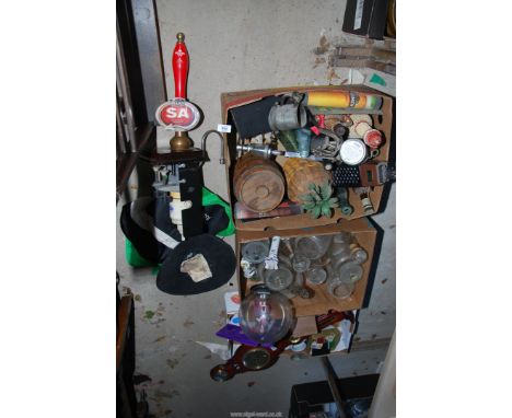 Three boxes of breweryiana, pump, storage jars, hats, barometer, etc