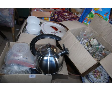 Three boxes of Kitchenalia, drinking glasses, kettle, bowls, place mats, etc.
