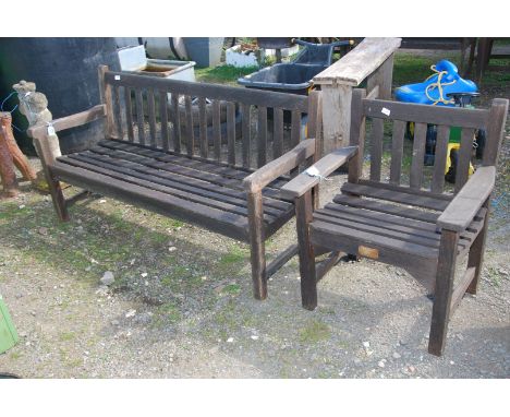 A teak garden bench, 5 ft long x 20'' depth x 31'' high and chair.
