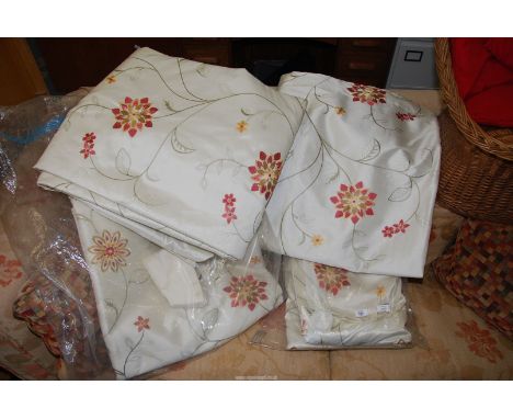 Two pairs of "Dunelm" pencil pleat floral curtains and tie backs, 88" x 56" drop and 92" x 87" drop.