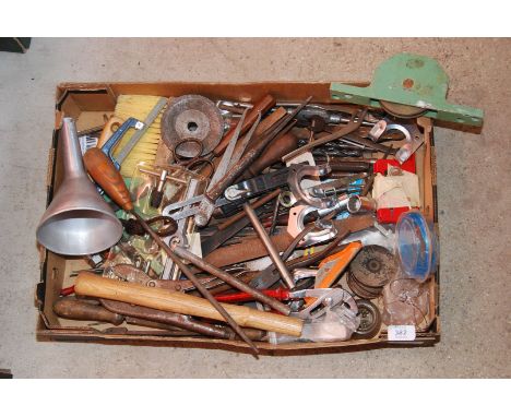 A box of miscellaneous tools, drill bits, funnels, etc.