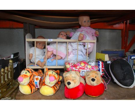 A Toy cot, dolls slippers, etc.