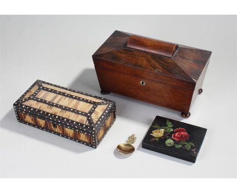 Victorian rosewood tea caddy, together with a porcupine quill box and a papier mache box, (3)