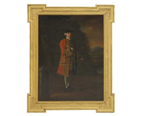 Circle of Edward Penny RA (1714-1791)Portrait of a gentleman, standing full-length, in a red military coat, in a landscapeoil