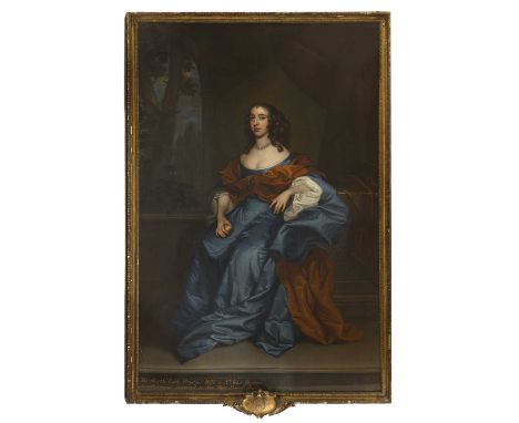 Circle of Sir Peter Lely (1618-1680)Portrait of Hon. Lady Brydges, seated full-length, in a blue dress and brown wrap holding