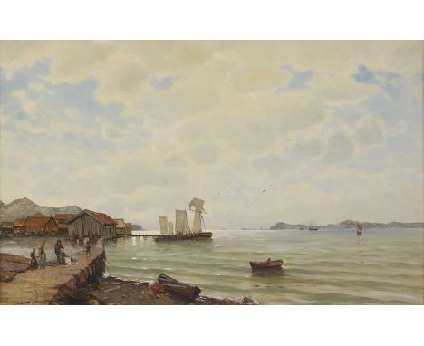 Carl Adelsköld (Swedish, 1830-1914)A coastal scene with fisherfolk on a jettysigned and dated 'C Adelskold 1881' l.l., oil on