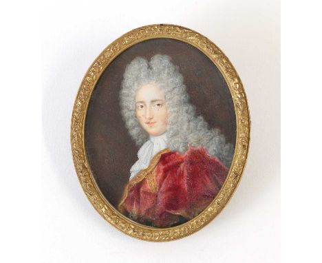 Follower of Nicolas de LargillierePortrait of a gentleman, bust-length, in a red cloakminiature on ivory, oval6.8 x 5.6cmIMPO