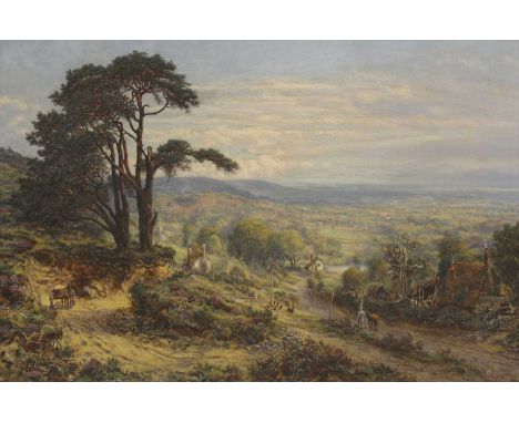 George William Mote (1832-1909)An extensive landscape with figures on a path in the foreground, cottages beyondsigned and dat