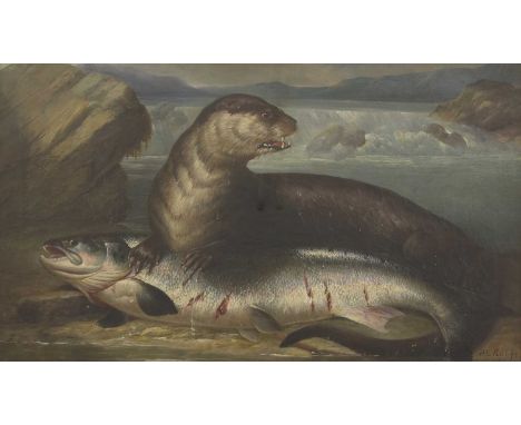 Henry Leonidas Rolfe (1824-1881)An otter with a large salmon in a highland river landscapesigned 'H.L Rolfe' and dated 1867 l