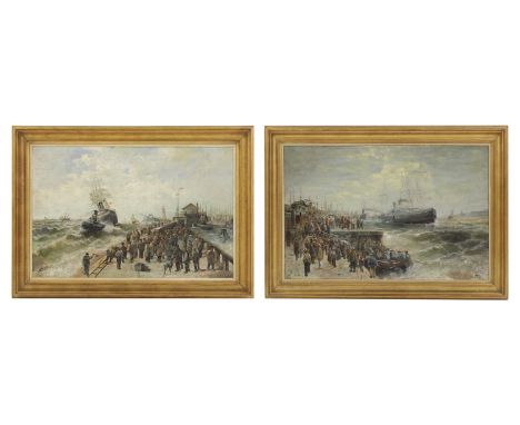 F... Hohm (19th/20th century)A busy quayside;Loading the shipsa pair, signed 'F Hohm' l.l. and l.r. respectively, oil on canv