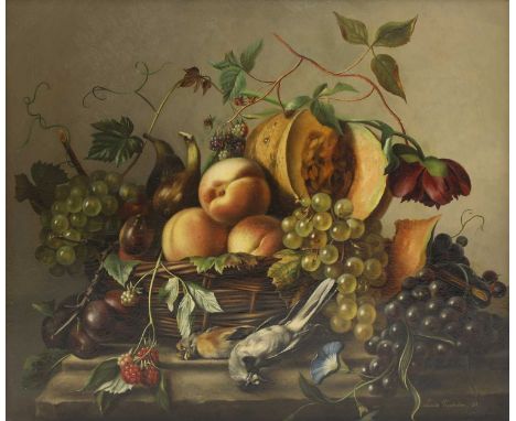 Louise Woordecker (19th century)Fruit in a wicker basket and goldfinches on a marble tablesigned and dated 'Louise Woordecker