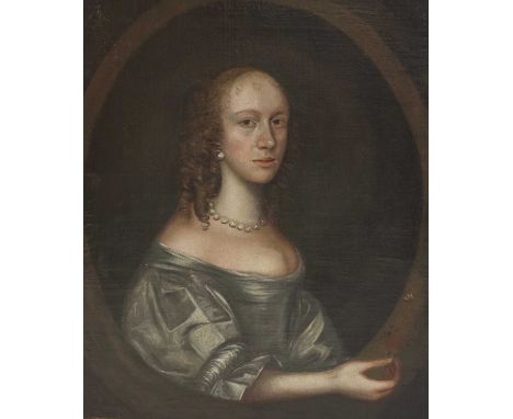 Follower of Sir Peter LelyPortrait of a lady, half-length, in a silver dress and pearl necklace and holding a floweroil on ca