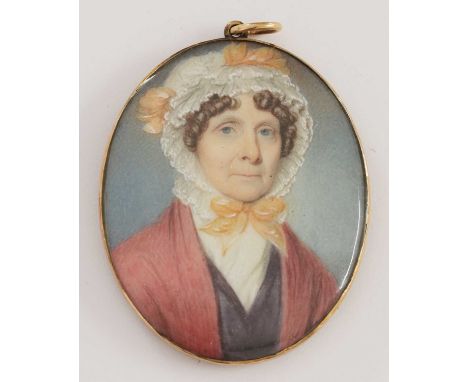 Circle of William Egley (1798-1870) Portrait of a lady, bust-length, in a red coat and lace bonnetminiature on ivory, oval4.2