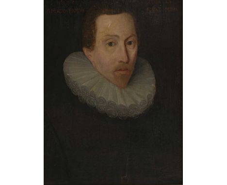 English School, 1584Portrait of a young gentleman, aged twenty-four, bust-length, in a black doublet with white ruffinscribed