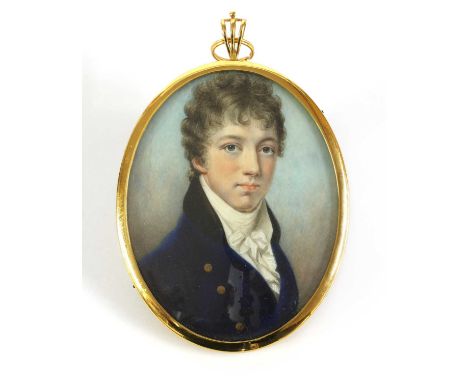 Attributed to William Wood (1768-1809)Portrait of John Adamson Rich, bust-length, in a blue coat and white stockinscribed 'Jo