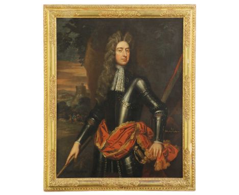 Circle of Sir Godfrey Kneller (1646-1723)Portrait of an officer, three-quarter-length in armour, holding a staff of office, a