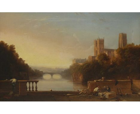 Anna J Cochrane (c.1834)A view of Durham Cathedral from the Wear, workers building Prebends Bridge in the foregroundindistinc