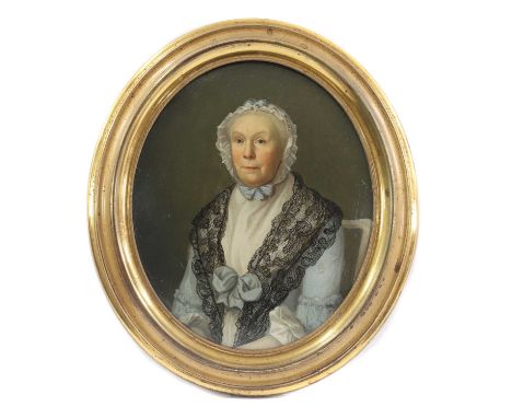 Thomas Peat (late 18th century)Portrait of a lady, half-length, in a blue dress with white bonnet and black lace shawlsigned 