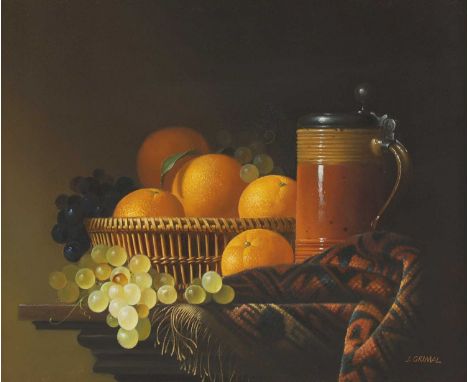 ▴ Jean Grimal (French, 1942-1998)A basket of oranges and grapes with a pottery tankardsigned 'J.GRIMAL' l.r., oil on canvas38