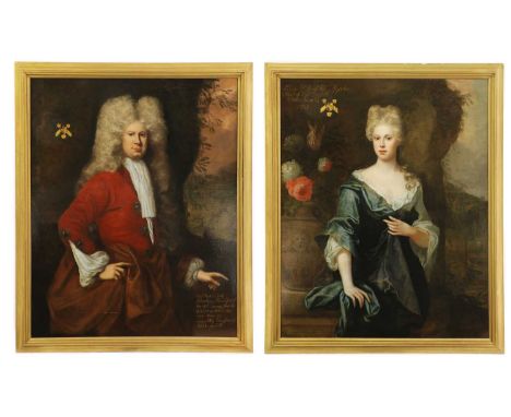 Attributed to Thomas Murray (1663-1735)Portrait of William Fytche, half-length, in a red coat;Portrait of Elizabeth Fytche, h