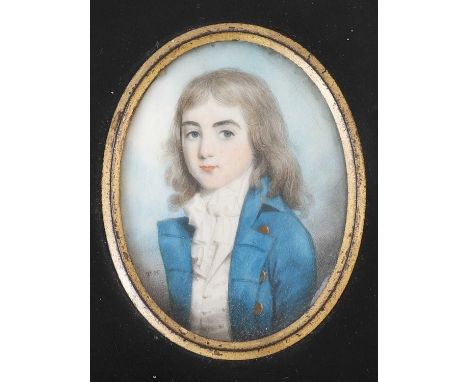 Thomas Hazelhurst (c.1740-c.1821)Portrait of a young boy, half-length, in a blue coat and white stockminiature on ivory, insc