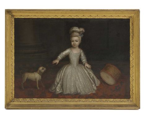 Circle of Philippe Mercier (French, 1689-1760)Portrait of a young child, full-length standing, in a white dress, with a dog a