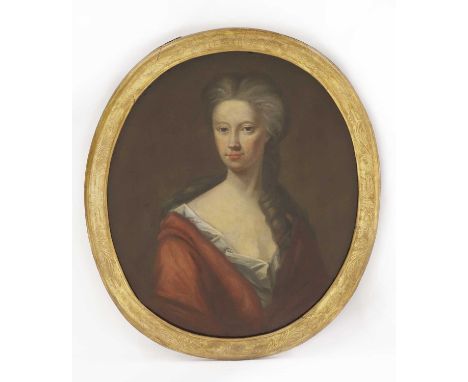 Circle of Jonathan Richardson (1667-1745)Portrait of a lady, half-length, in a red dressoil on canvas, oval76 x 63cmCondition