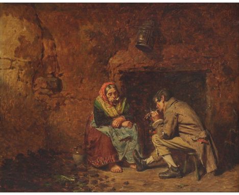 Edwin Thomas Roberts (1840-1917)'Smoke' - figures seated beside a fireplace in a cottage interiorsigned 'Edwin Roberts' l.l.,