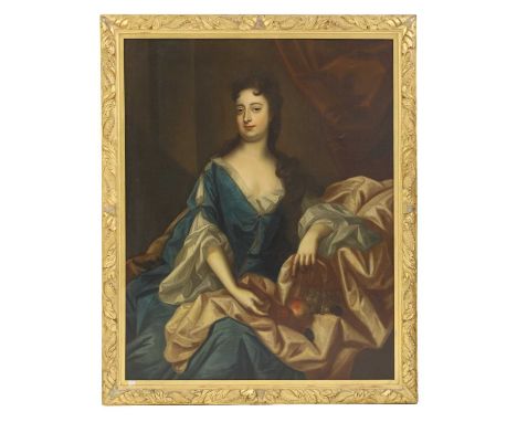 Follower of Sir Godfrey Kneller Portrait of a lady, three-quarter-length seated, in a blue and white dress, with fruit in her