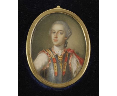 Continental School, mid-18th centuryPortrait of a nobleman, half-length, in a blue vest with red cape and regaliaminiature on