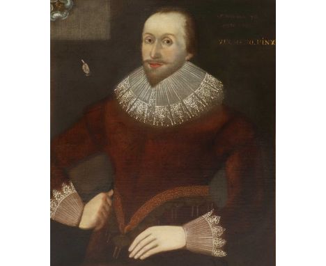 English School, 1626Portrait of a gentleman, standing three-quarter-length, in a red doublet with lace collar and cuffsinscri