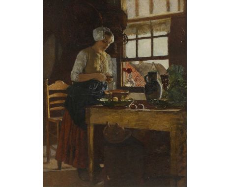 Eduard Charlemont (Austrian, 1848-1906)Preparing vegetables at the kitchen windowindistinctly signed l.r., also signed verso,